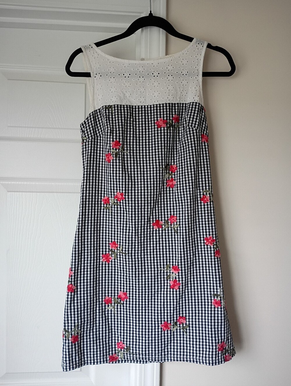 Karl Lagerfeld Black & White Gingham Mini Dress with Pink Floral Embroidery